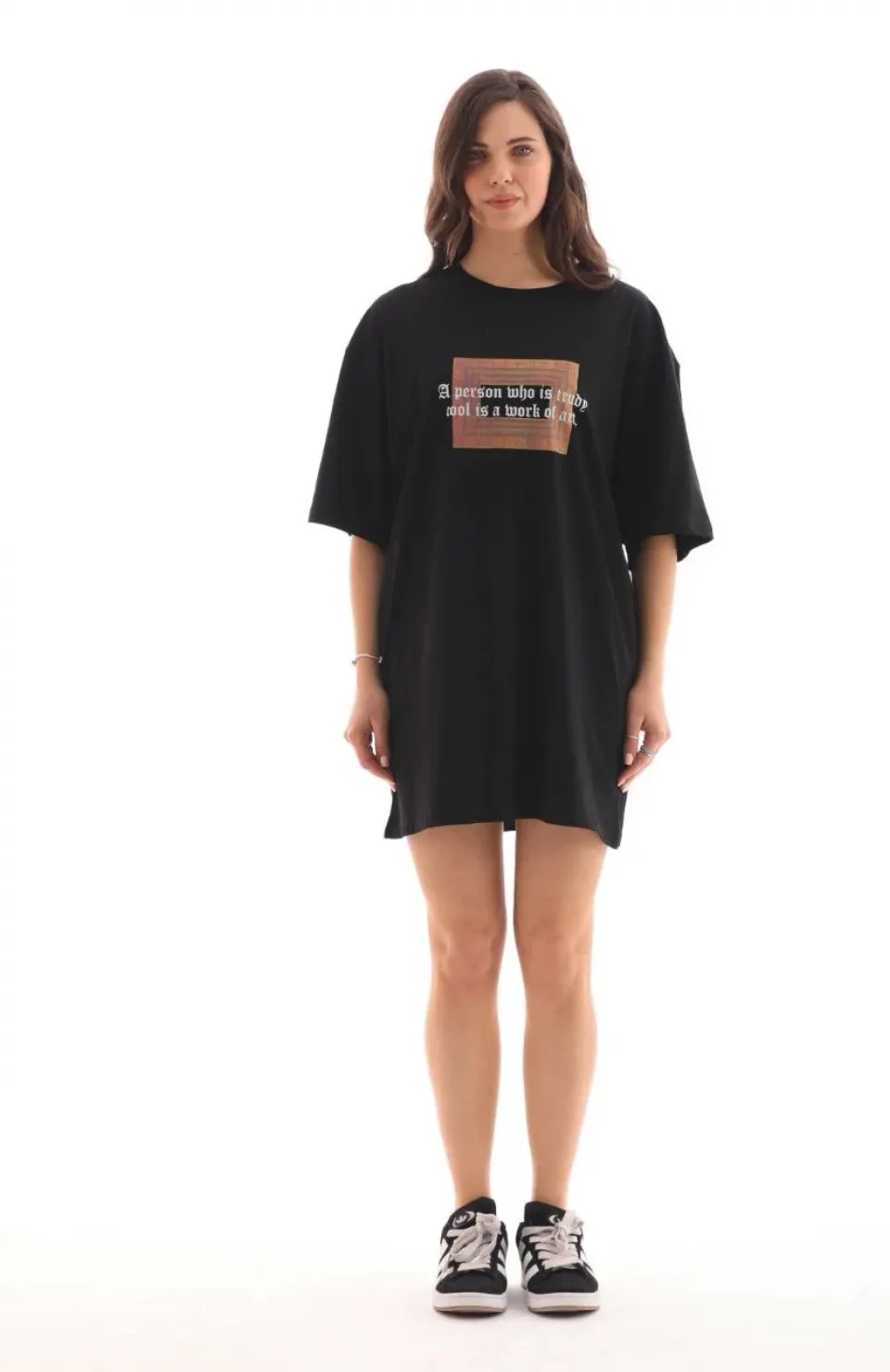 Unisex Bisiklet Yaka Baskılı Oversize T-Shirt - Siyah