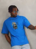 Unisex Oversize Baskılı Bisiklet Yaka T-Shirt - Mavi