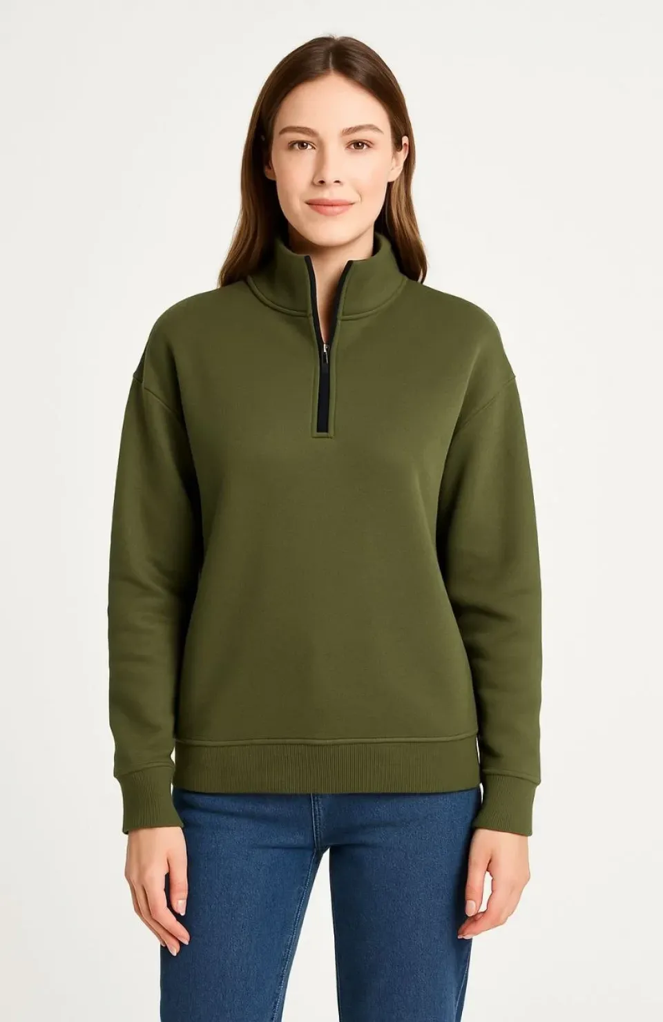 Kadın Üç İplik Dık Yaka Yarım Fermuarlı SweatShirt - Haki