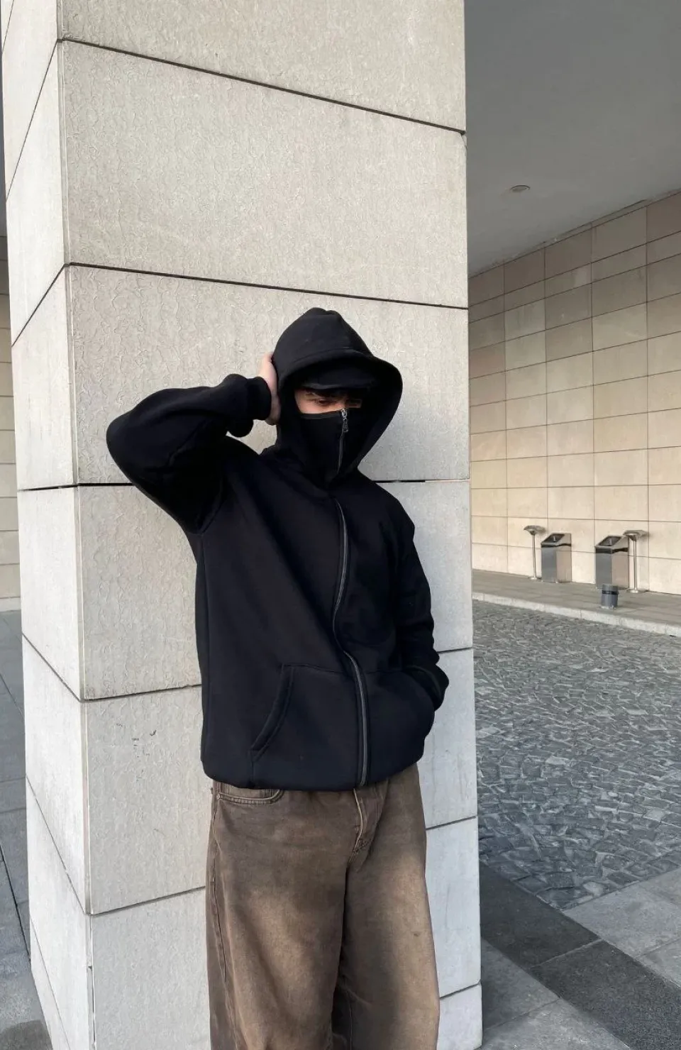 Samuray Kapüşonlu ZIP Fermuarlı Kapüşonlu SweatShirt - Siyah