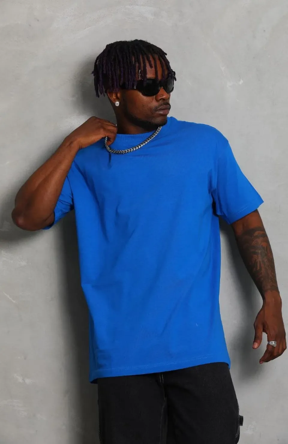 Unisex Oversize Düz Bisiklet Yaka T-Shirt - Mavi