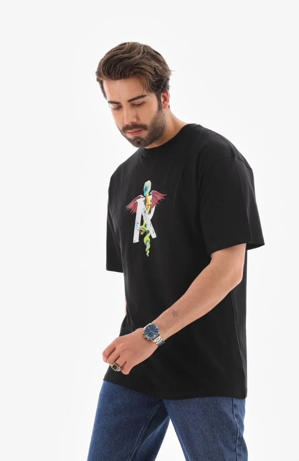 Unisex Bisiklet Yaka Baskılı Oversize T-Shirt - Siyah