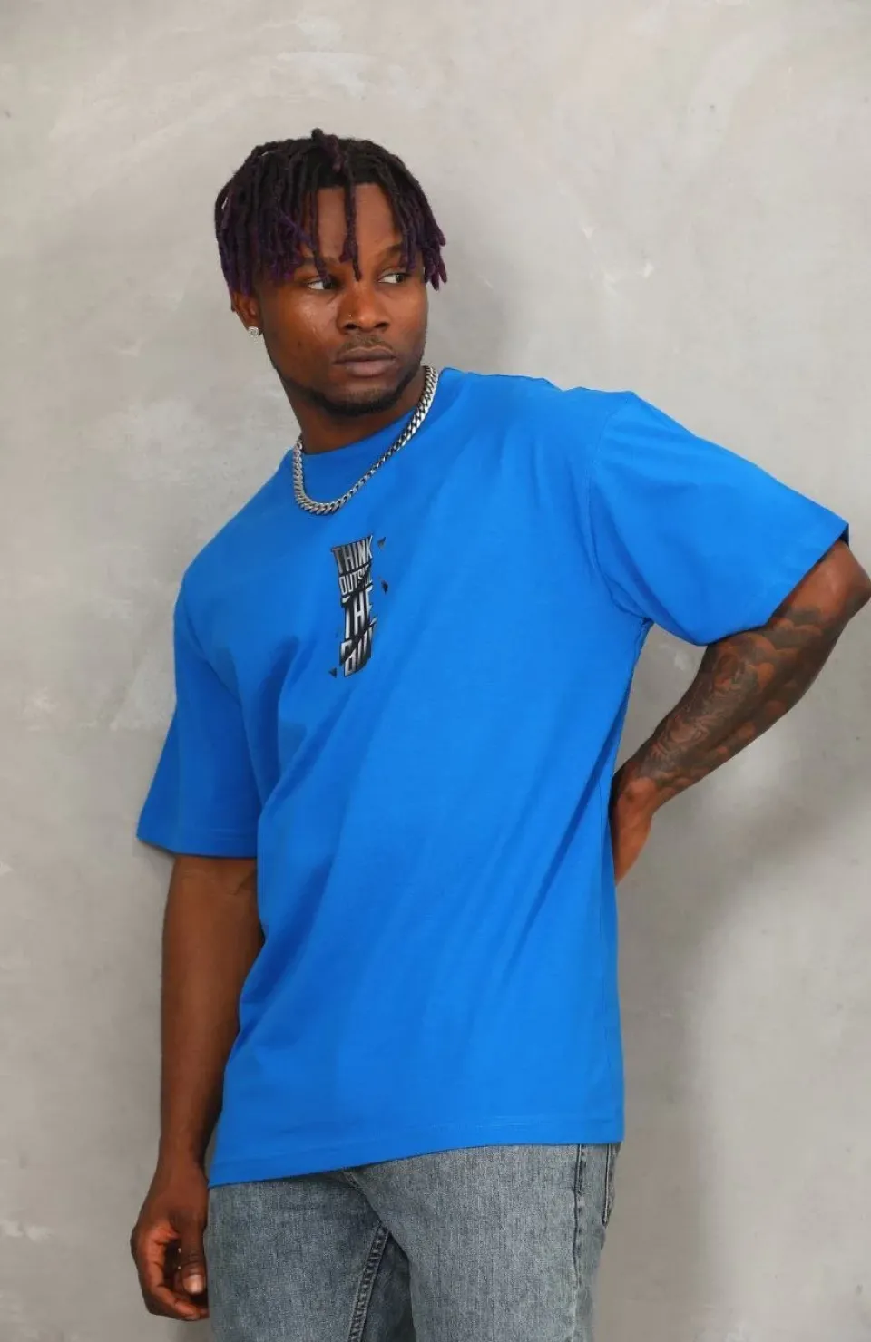 Unisex Oversize Baskılı Bisiklet Yaka T-Shirt - Mavi