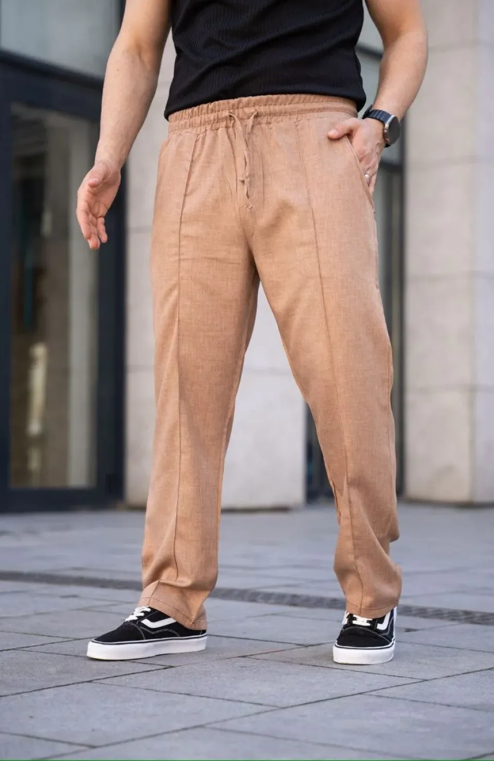 Erkek Keten Cepli Çıma Dikişli jogger Buggy Pantalon Rahat kalıp - Kahverengi