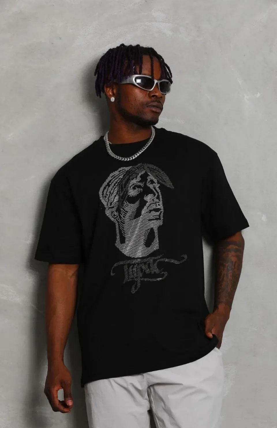 Unisex Oversize Taşlı Bisiklet Yaka T-Shirt - Siyah