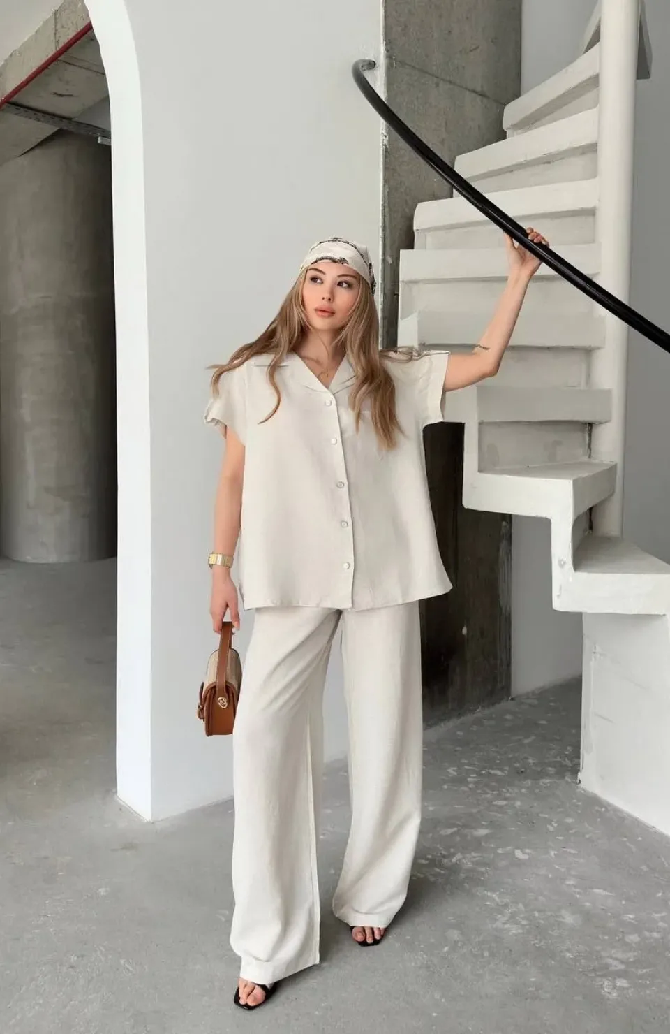 Keten Kısa Kollu Cepli Gömlek Pantolon ikili Takım - Beyaz