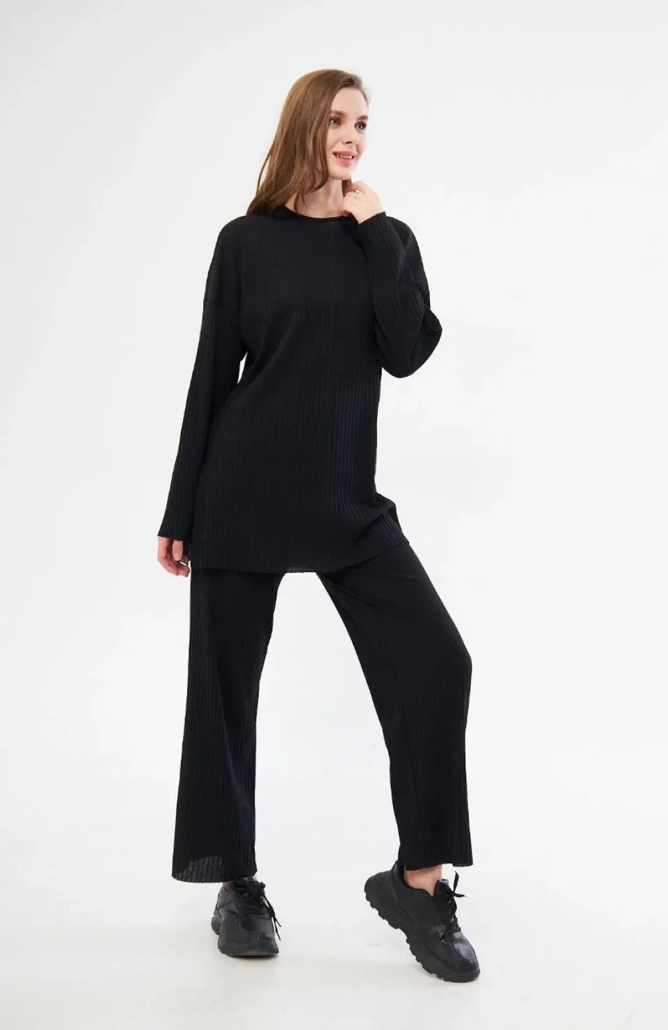 Uzun Kollu Organik Yıkanmış Kumaş Fitilli Pantolonlu Takım - Siyah Somersan Giyim | Kadın, Erkek ve Çocuk Moda