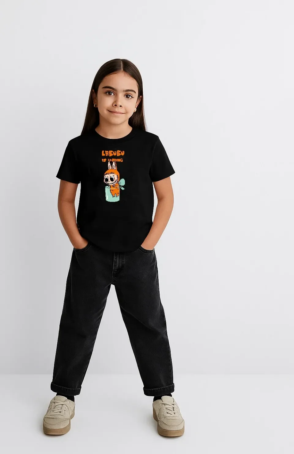 Kız Labubu Çocuk Baskılı T-Shirt - Siyah