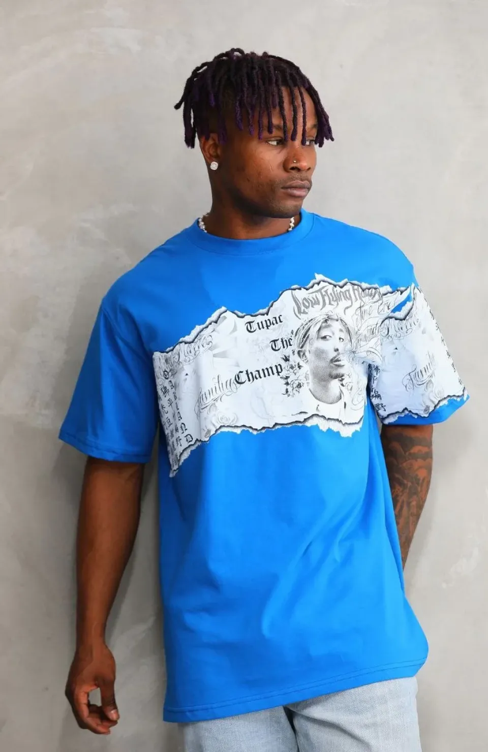 Unisex Bisiklet Yaka Baskılı Oversize T-Shirt - Mavi