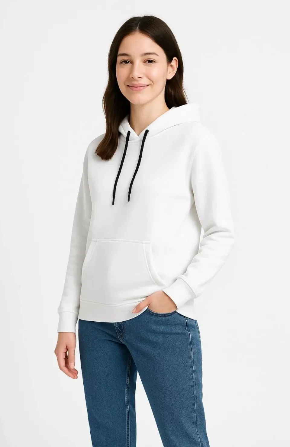 Kadın Üç İplik Kapüşonlu Kanguru Çepli SweatShirt hoodie - Beyaz