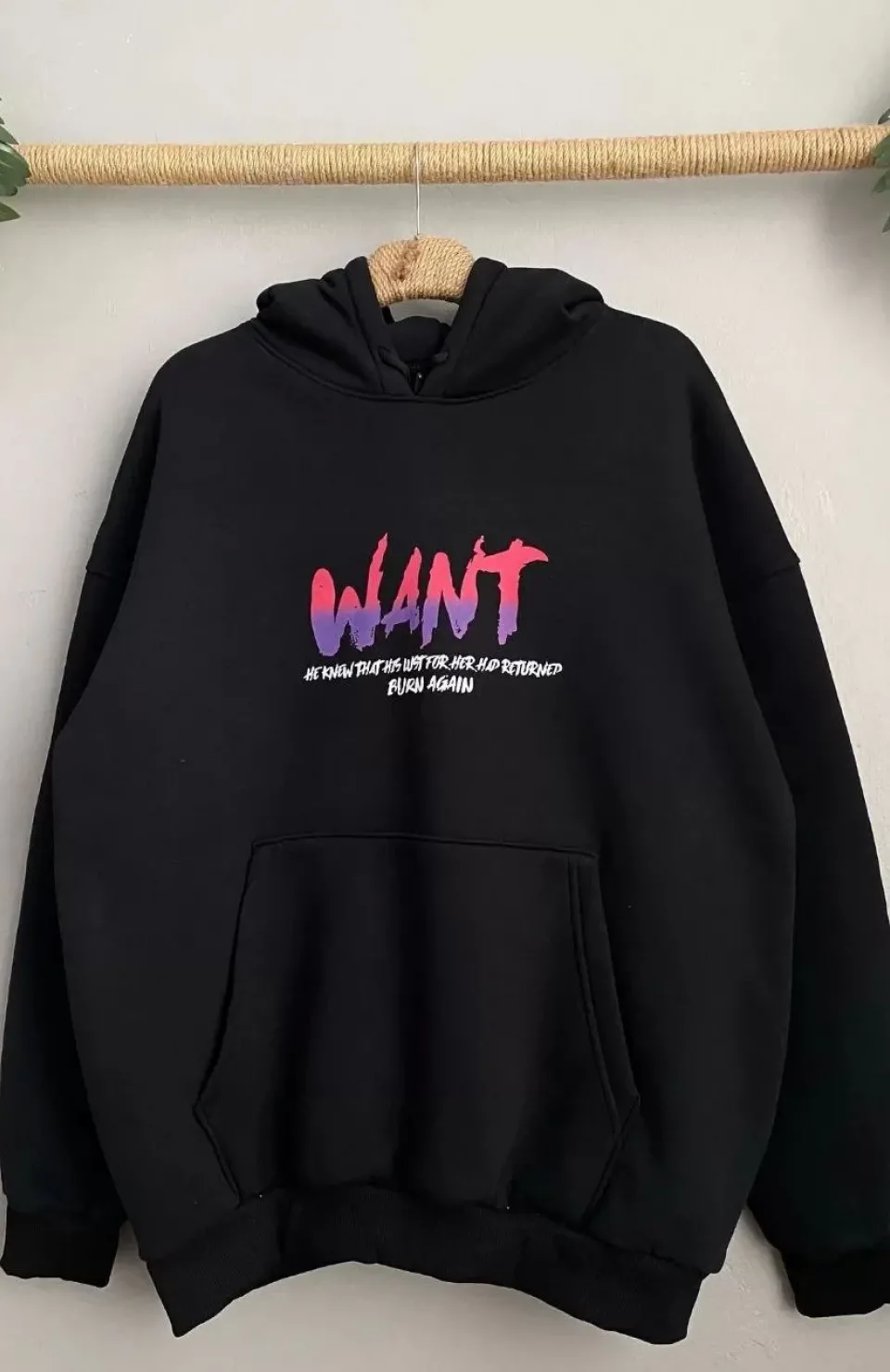 Baskılı Üç İplik Kapüşonlu Oversize Sweatshirt - Siyah