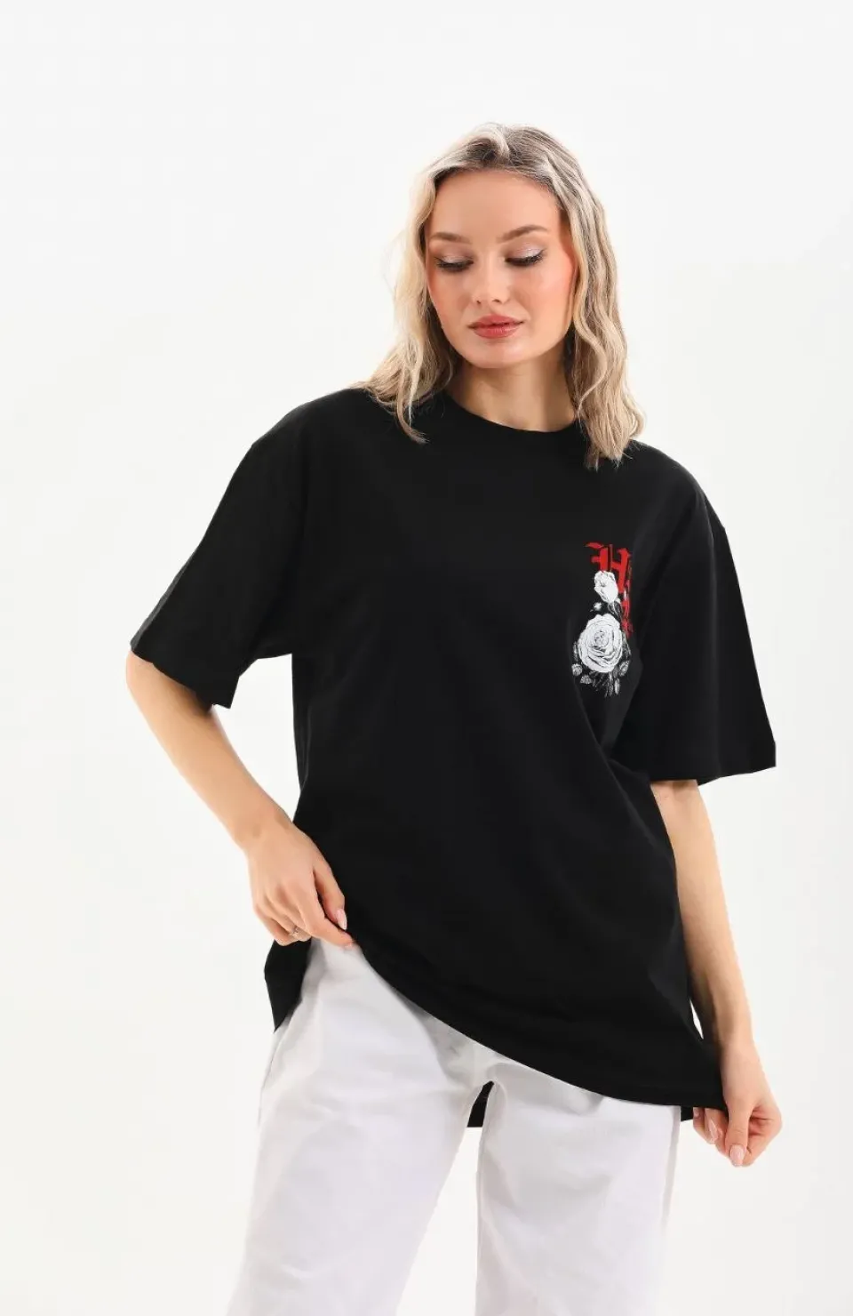 Unisex Baskılı Oversize T-Shirt - Siyah