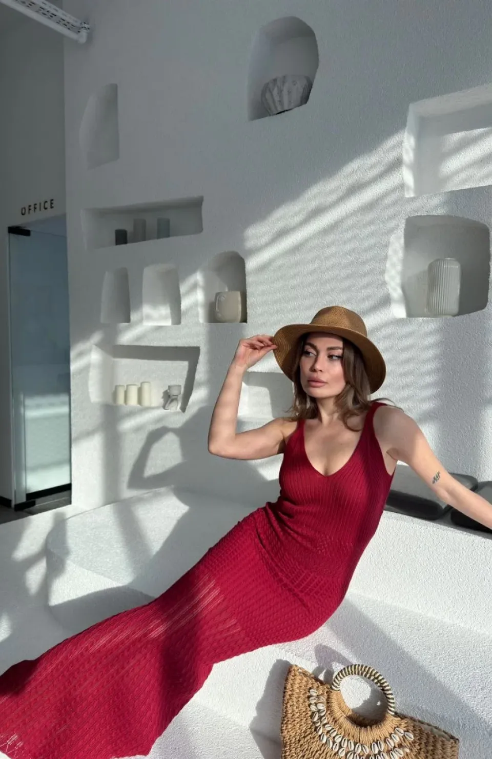 Örgülü Uzun Triko Elbise - Bordo