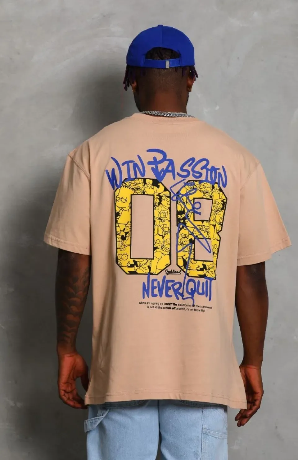 Unisex Oversize Baskılı Bisiklet Yaka T-Shirt - Bej