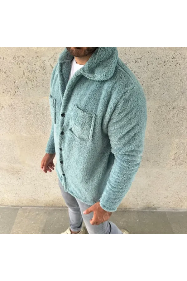 Erkek Pelüş Polar Hırka Gömlek – Yakalı, İlik Düğmeli, Göğüs Cepli, Yumuşak Dokulu Kışlık Regular Fit Rahat Günlük Model - Bebe Mavisi