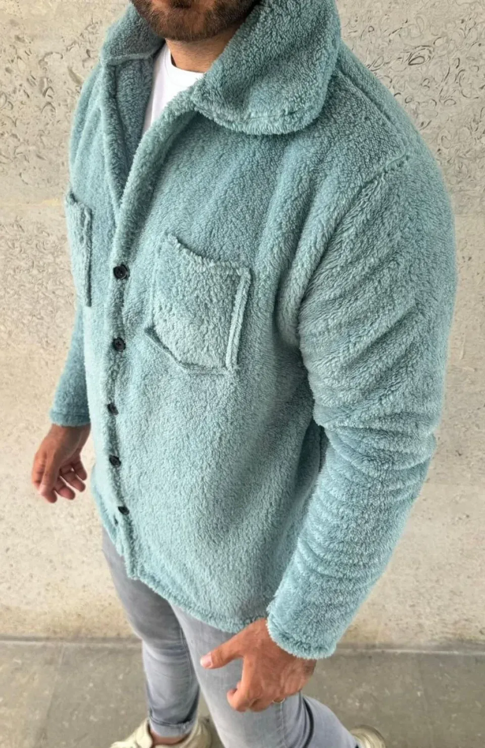 Erkek Pelüş Polar Hırka Gömlek – Yakalı, İlik Düğmeli, Göğüs Cepli, Yumuşak Dokulu Kışlık Regular Fit Rahat Günlük Model - Bebe Mavisi