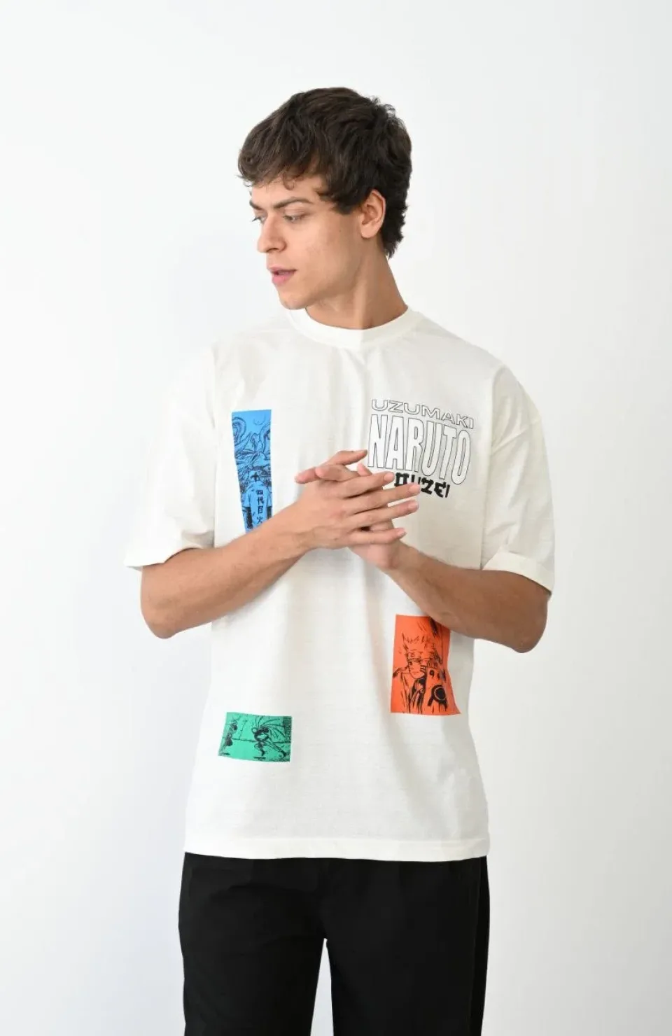 Unisex Bisiklet Yaka Baskılı Oversize T-Shirt - Beyaz