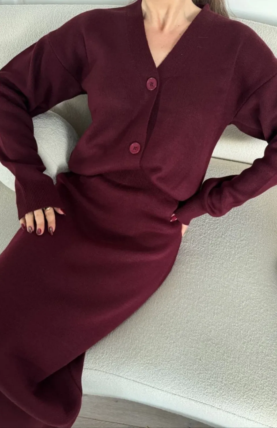 V Yaka 3 Düğmeli Hırka Takım Triko İkili Etekli - Bordo