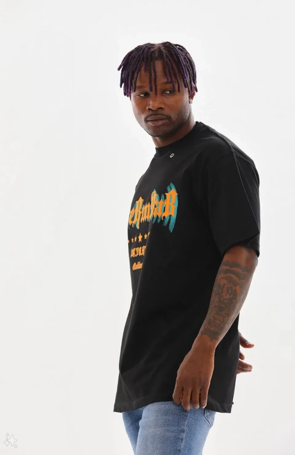 Unisex Kuşgözü Detaylı Baskılı Oversize T-Shirt - Siyah