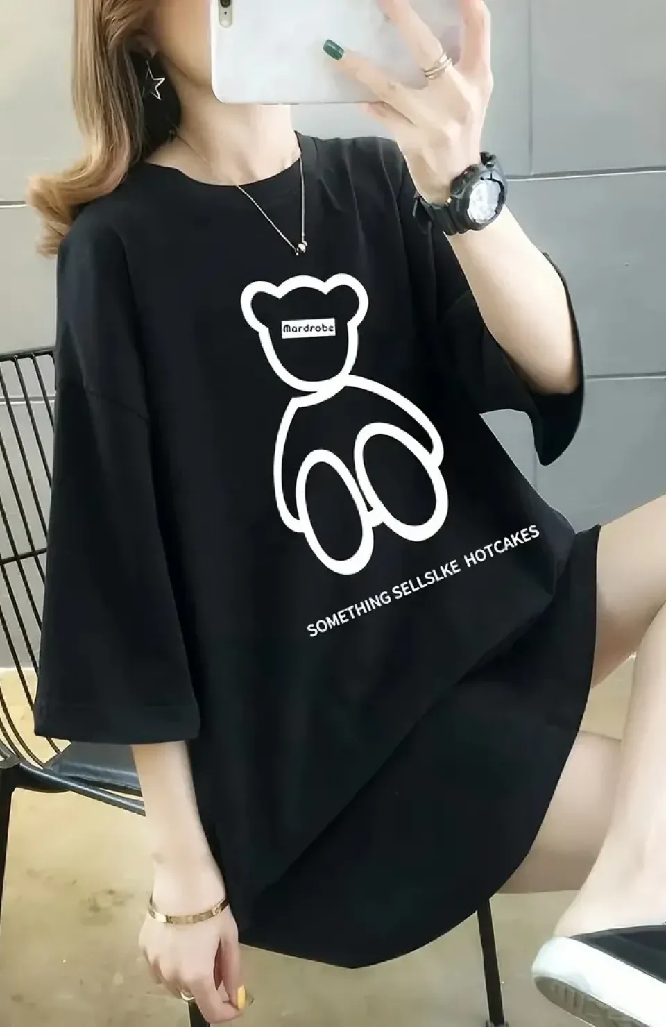 20/1 Penye Compack Ön Arka Baskılı Oversize Bisiklet Yaka T-shirt - Siyah