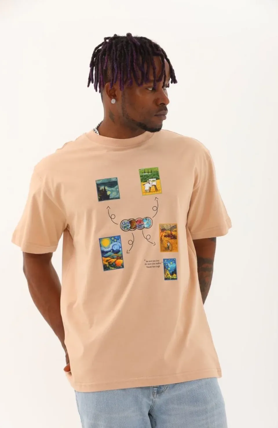 Unisex Oversize Baskılı Bisiklet Yaka T-Shirt - Bej