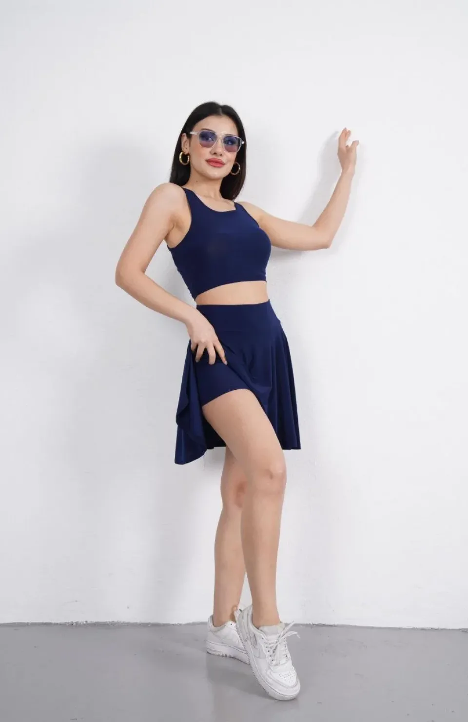 Sendy Kumaş Bisiklet Yaka Crop Şortlu Etek ikili Takım - Lacivert