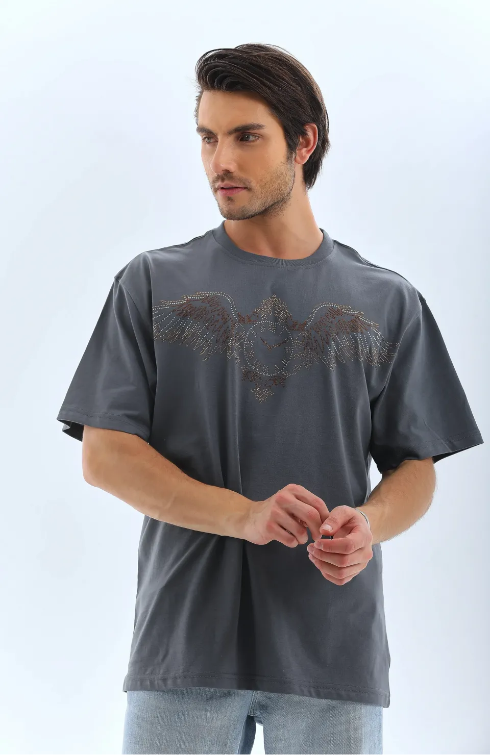 Unisex Oversize Taşlı Bisiklet Yaka T-Shirt - Füme