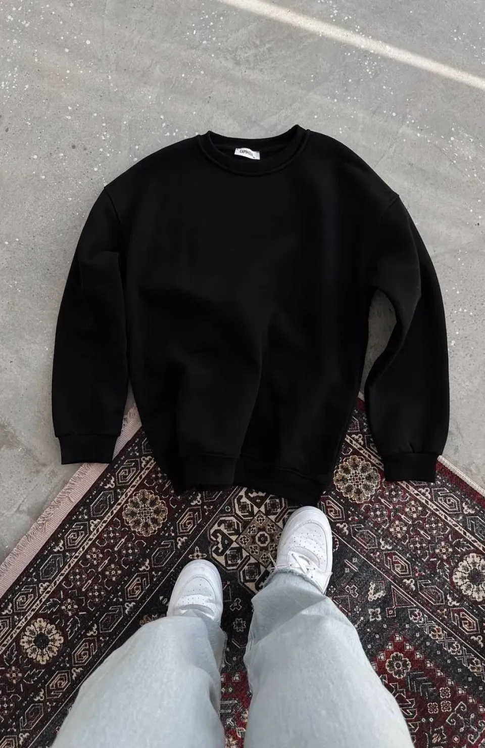 Kışlık Bisiklet Yaka Üç İplik Basic SweatShirt - Siyah
