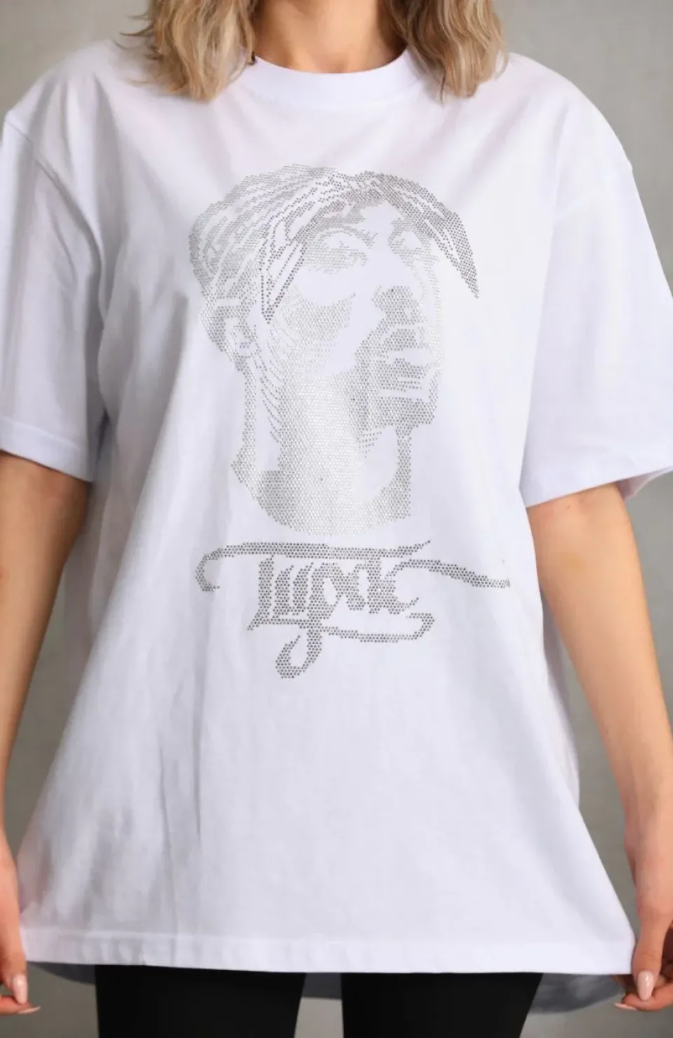 Unisex Taş Desenli Oversize T-Shirt - Beyaz
