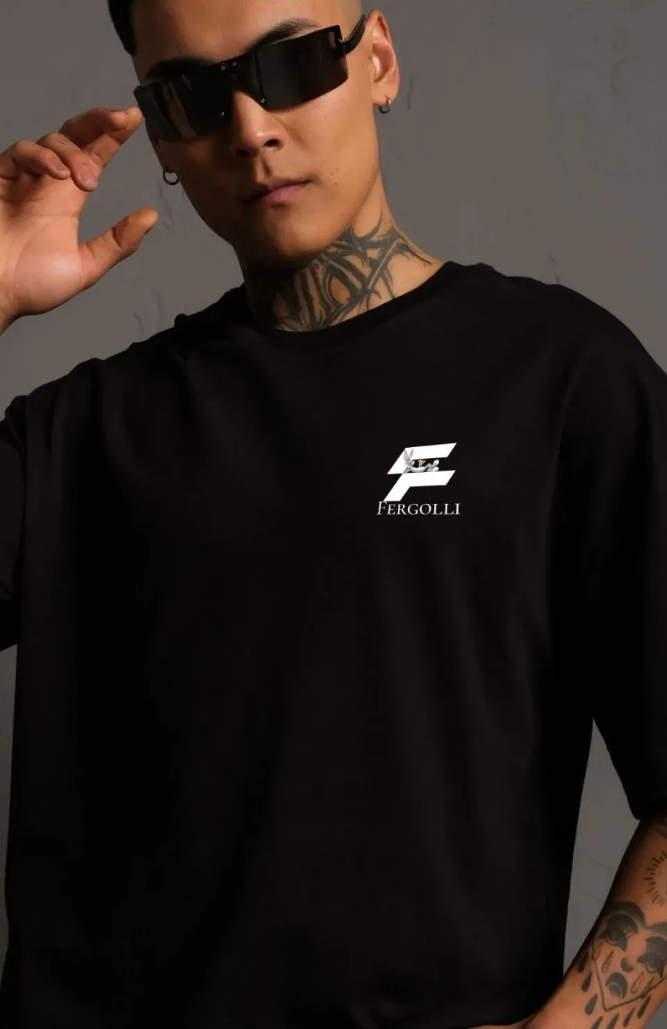 Unisex Bisiklet Yaka Baskılı Oversize T-Shirt - Siyah