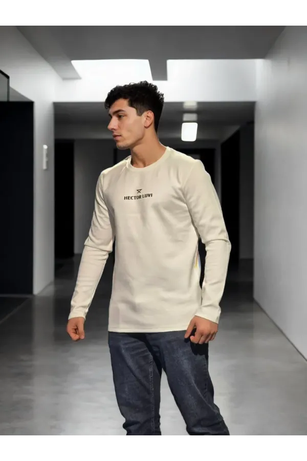 Unisex Bisiklet Yaka Uzun Kollu T-Shirt - Beyaz