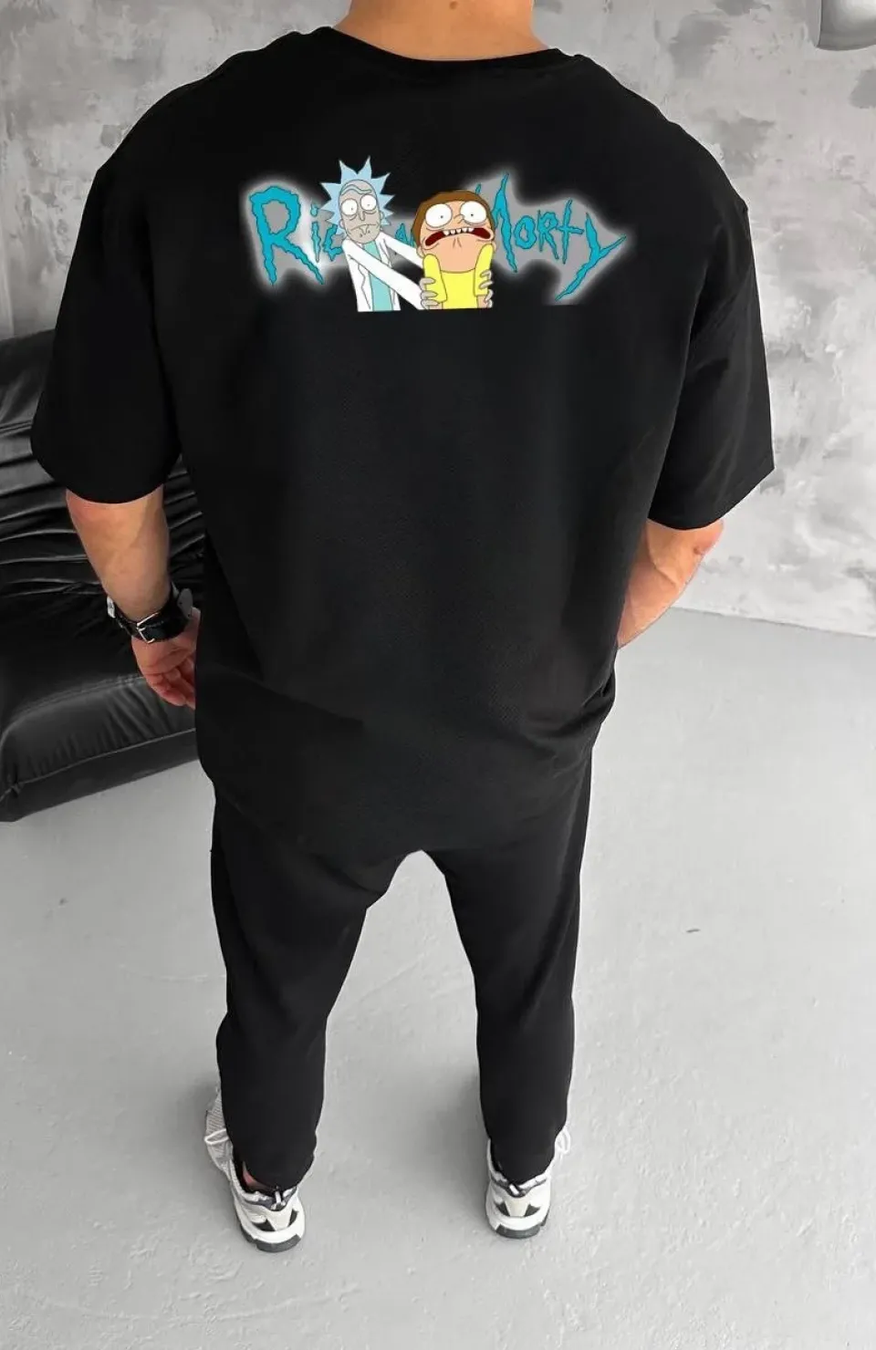 Unisex Bisiklet Yaka Baskılı Oversize T-Shirt - Siyah