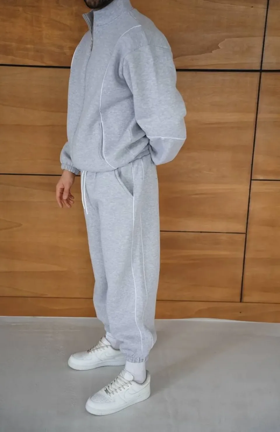 Erkek Premium Parçalı Eşofman Takım - Dik Yaka Fermuarlı Biyeli Sweatshirt Lastik Paça Alt, Oversize 3 iplik Şardonlu - Gri