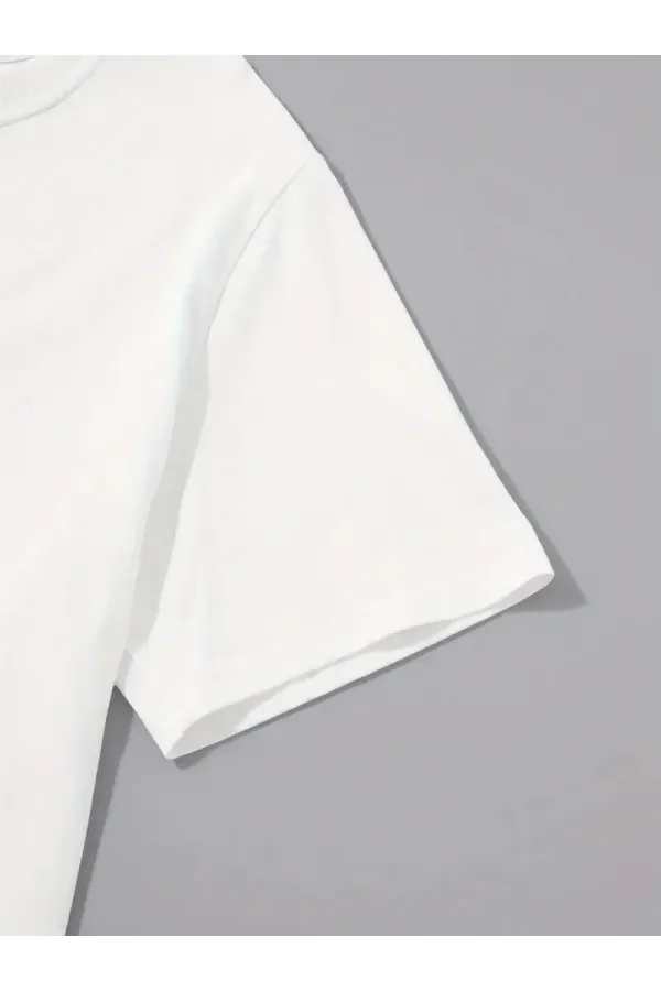 20/1 Penye Compack Palmiye Ön Baskılı Oversize Bisiklet Yaka Kısa Kol Yazlık T-shirt - Beyaz