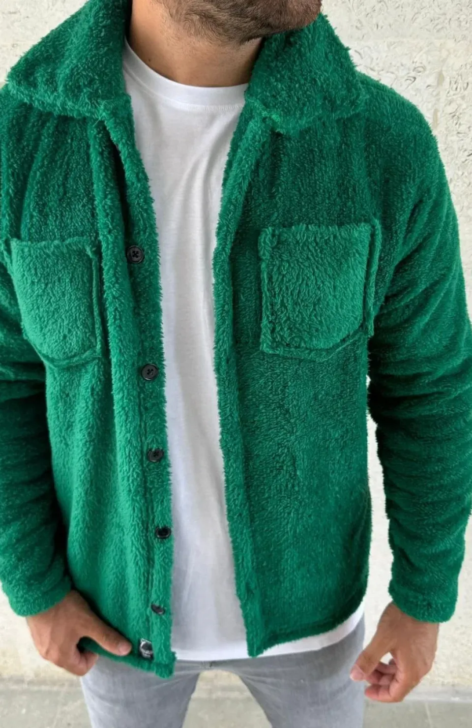 Erkek Pelüş Polar Hırka Gömlek – Yakalı, İlik Düğmeli, Göğüs Cepli, Yumuşak Dokulu Kışlık Regular Fit Rahat Günlük Model - Çimen Yeşili