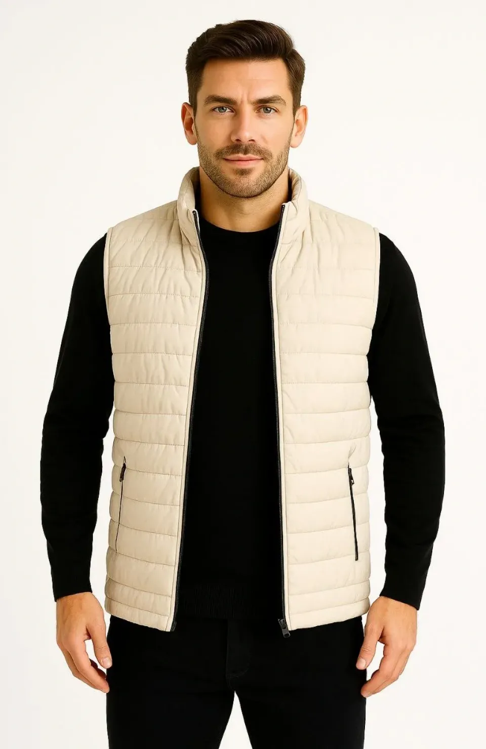 Erkek Şişme Fermuarlı Yelek Su itici Kapitone Astarlı Kumaş Cepli Hafif Kışlık Spor Rahat Kalıp -Bej Somersan Giyim | Kadın, Erkek ve Çocuk Moda