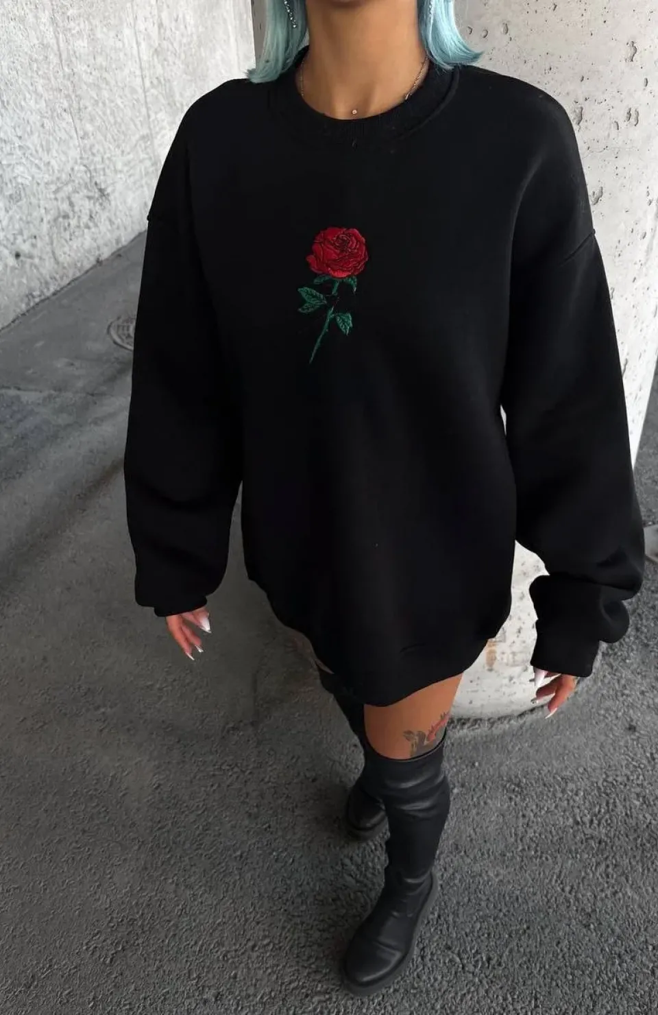 Oversize Üç İplik Bisiklet Yaka Baskılı SweatShirt - Siyah