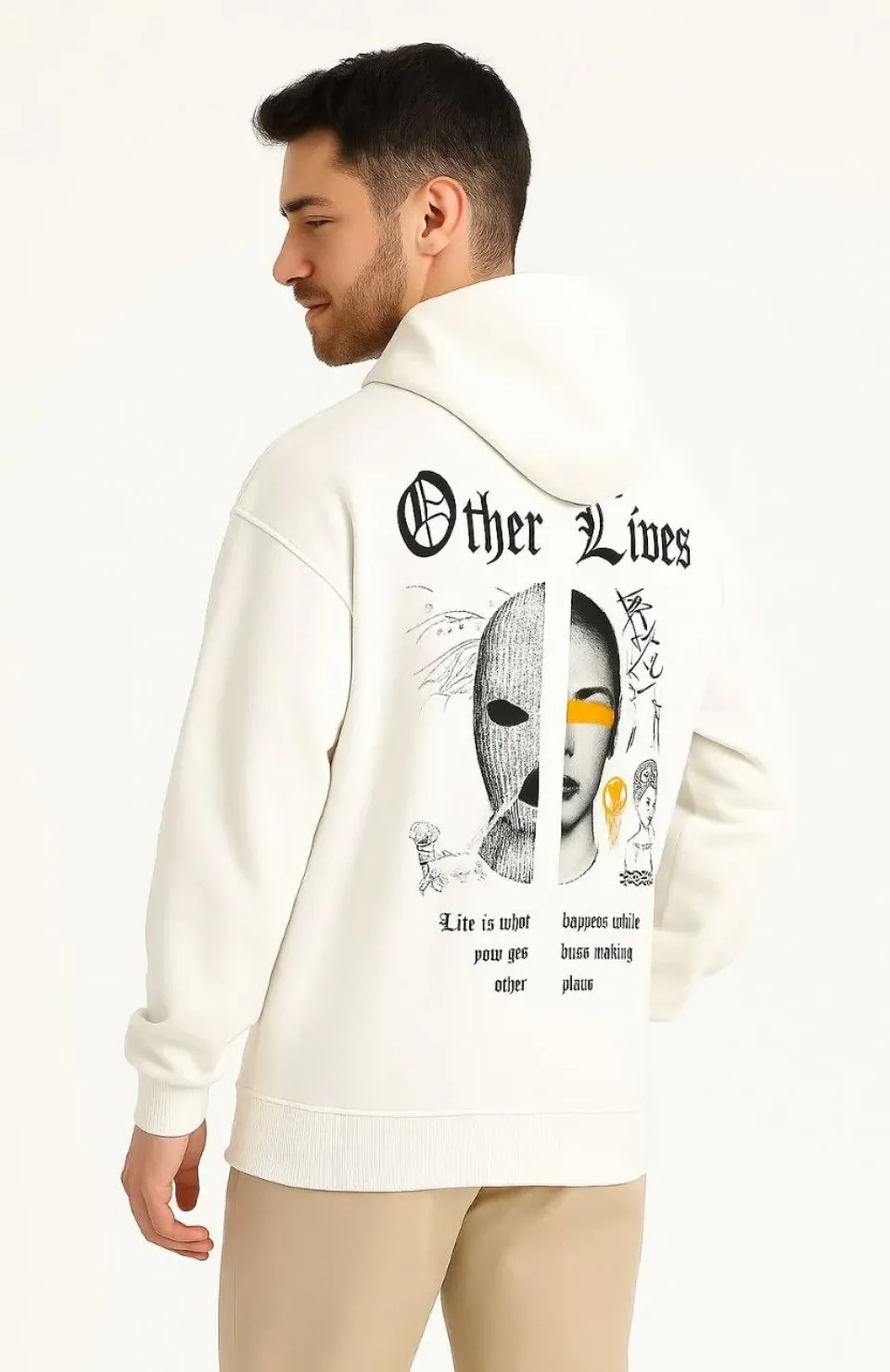 Erkek Kapşonlu Sweatshirt – Oversize Üç İplik Şardonlu Hoodie, “Other Lives” Ön & Arka Baskılı, Kanguru Cepli, Kışlık Rahat Günlük Stil - Beyaz