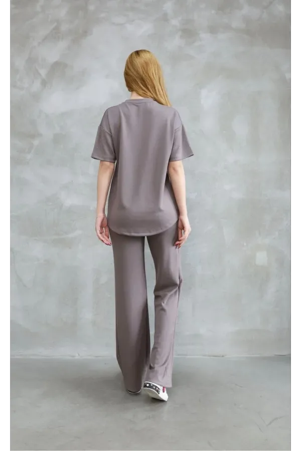 Osy Modal Yumuşak dokulu Kumaş Bisiklet Yaka Taş detaylı Kısa Kollu Takım - Vizyon