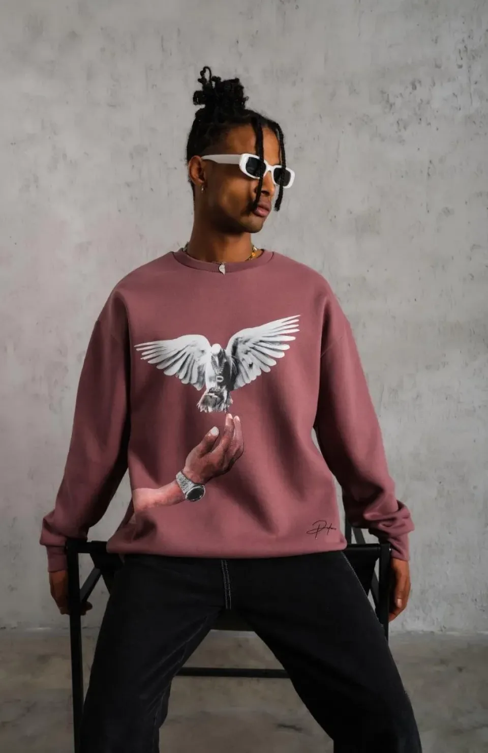 Erkek Güvercin Baskılı Sweatshirt - Gül Kurusu Somersan Giyim | Kadın, Erkek ve Çocuk Moda