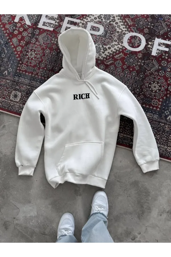 Uzun Kol Kapüşonlu Göğüs Baskılı SweatShirt - Beyaz