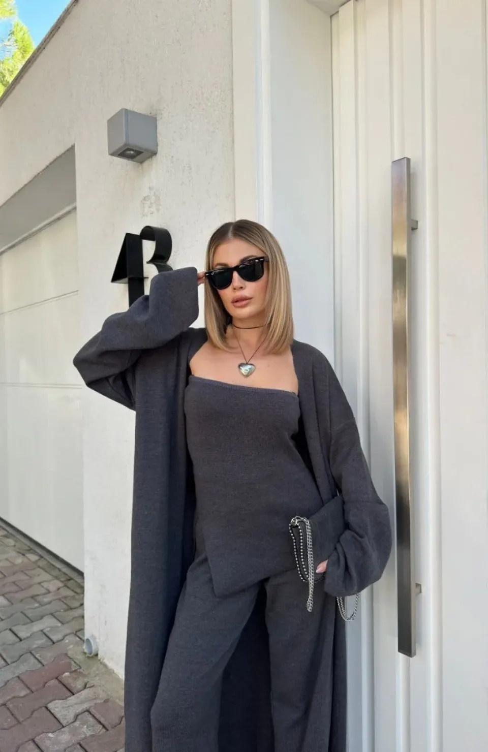 Kadın Triko Üçlü Takım - Füme