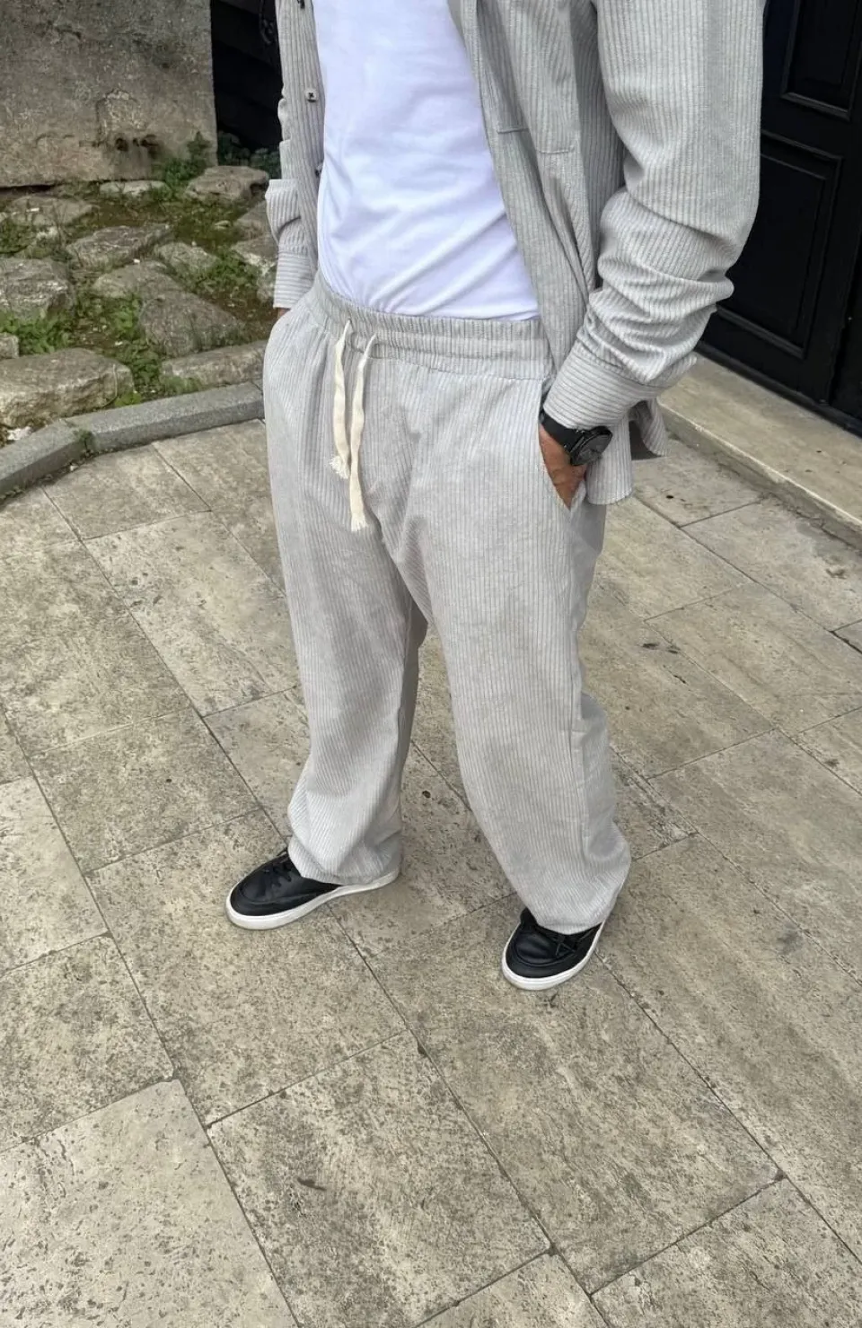 Erkek Fitilli Kadife Cepli Buggy Pantolon Oversize Rahat Kalıp - Gri