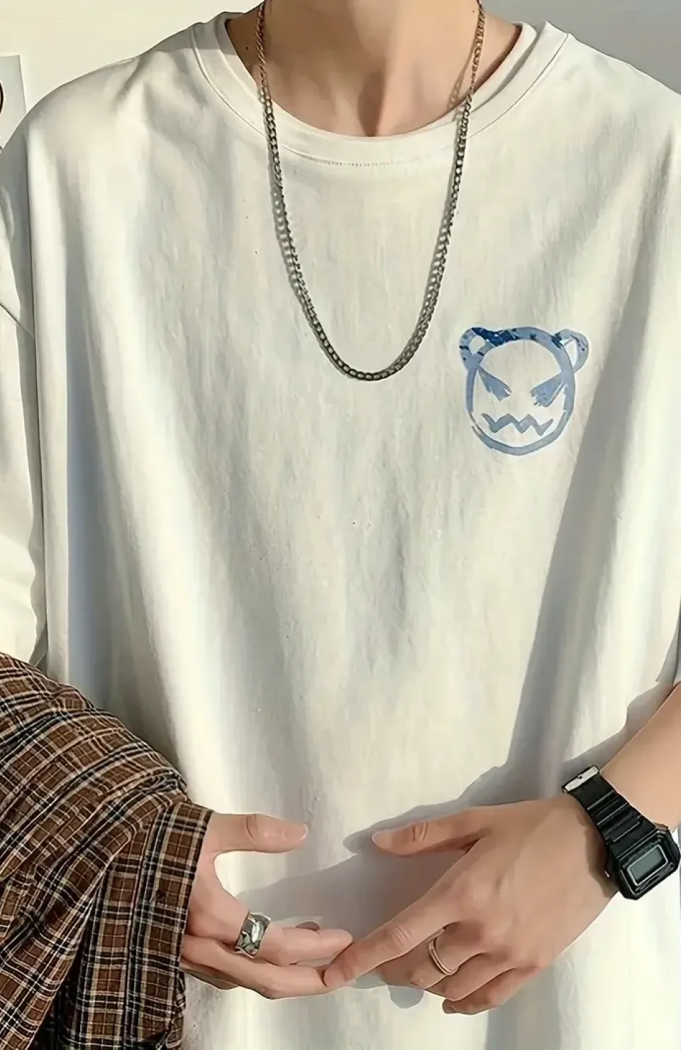 20/1 Penye Compack Bisiklet Yaka Kore tarzı sevimli ayı baskı Kısa Kol Erkek t-shirt - Beyaz