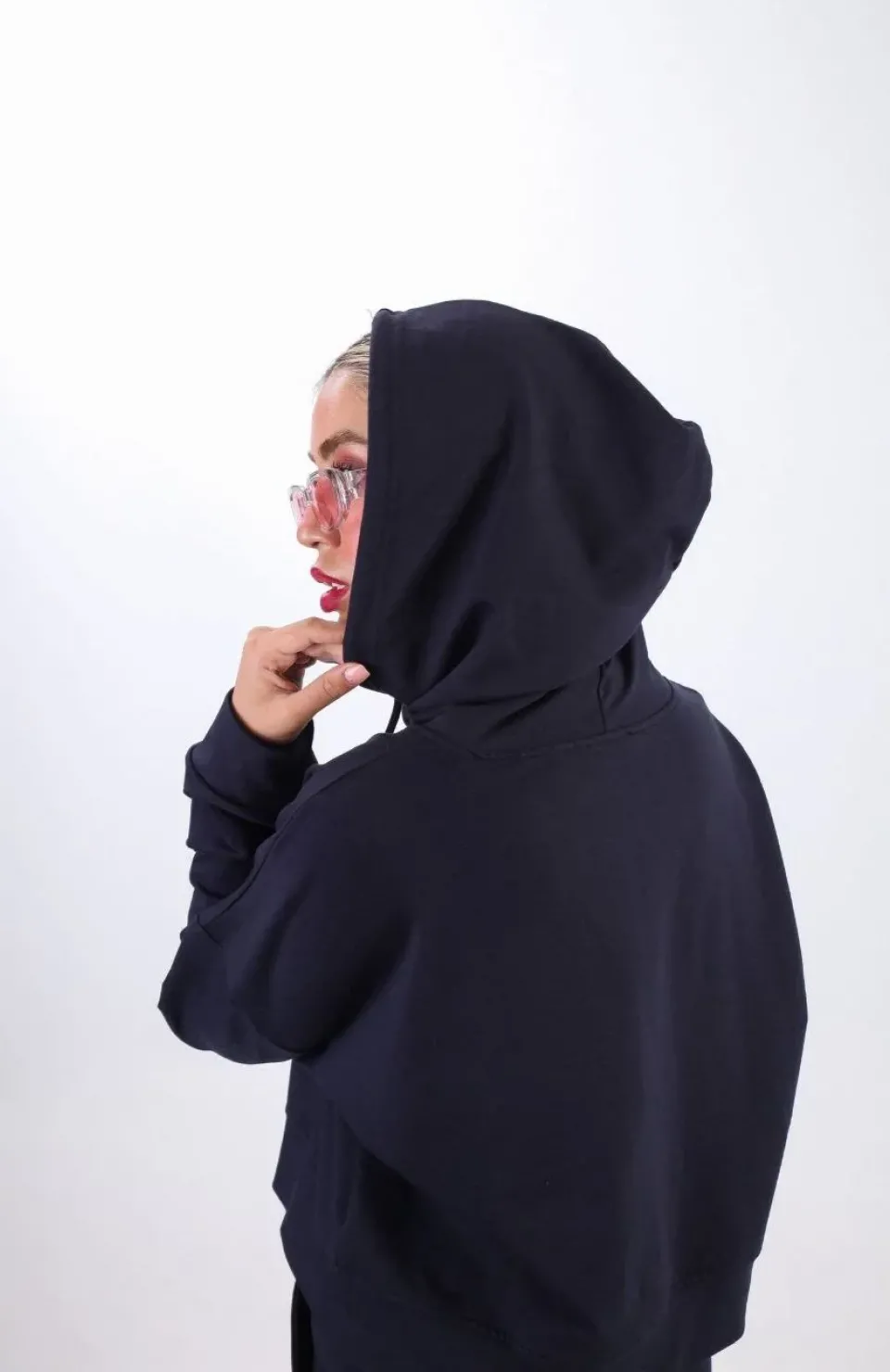 iki iplik Kapüşonlu Fermuarlı Crop Oversize Hırka Takım- Lacivert