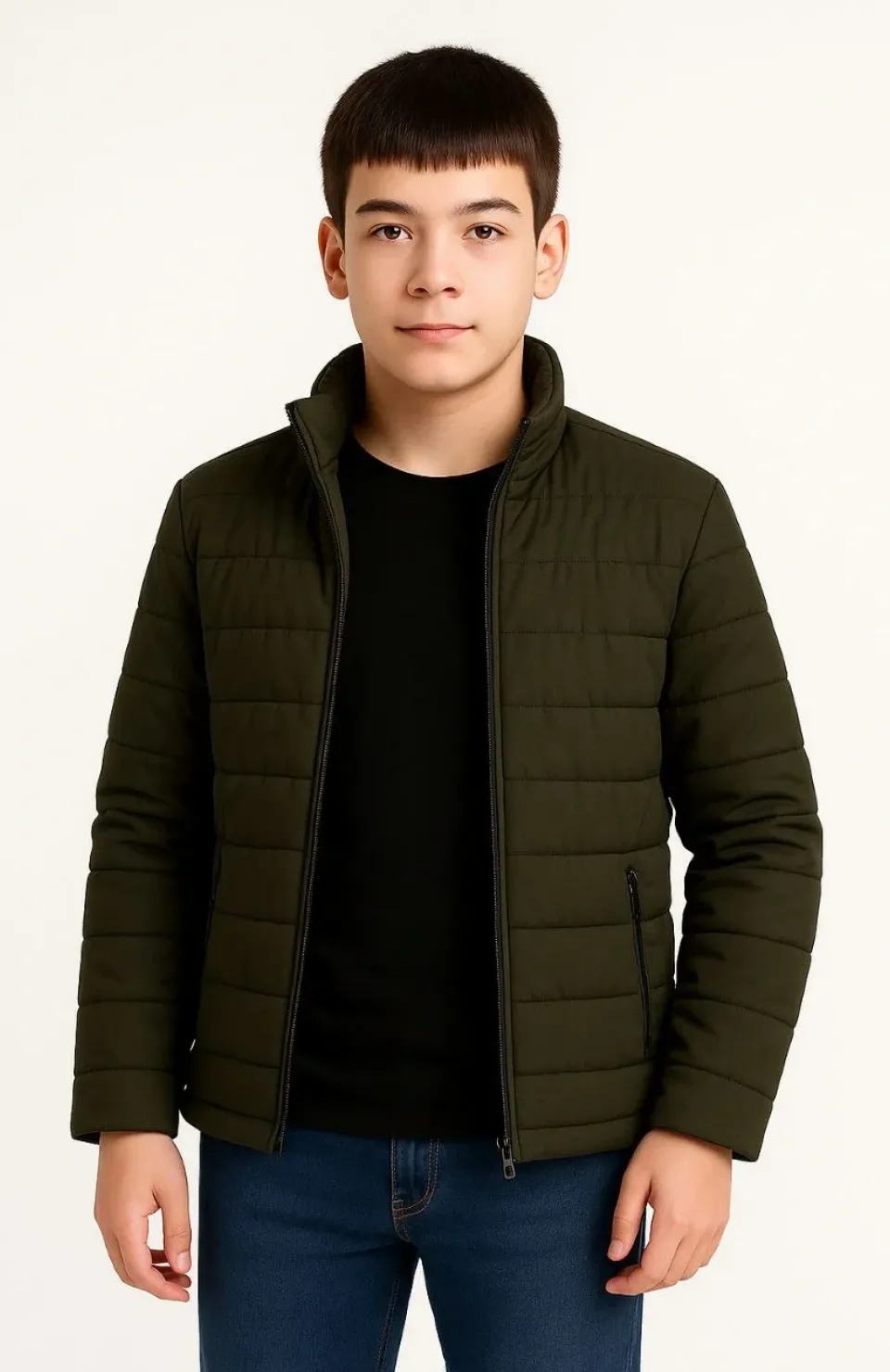 Erkek Çocuk Şişme Mont Hafif ve Sıcak Tutucu Kışlık Fermuarlı Su İtici Rahat Günlük Mont Kapüşonuz Modern Tasarım- Haki Somersan Giyim | Kadın, Erkek ve Çocuk Moda