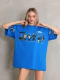Unisex Bisiklet Yaka Baskılı Oversize T-Shirt - Mavi