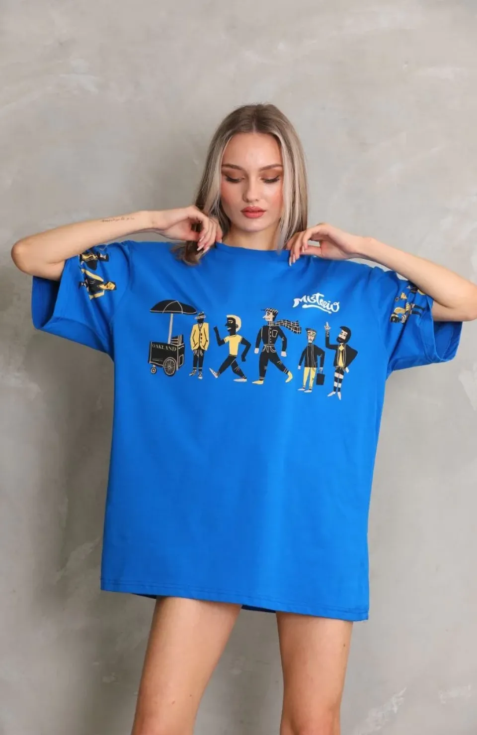 Unisex Bisiklet Yaka Baskılı Oversize T-Shirt - Mavi