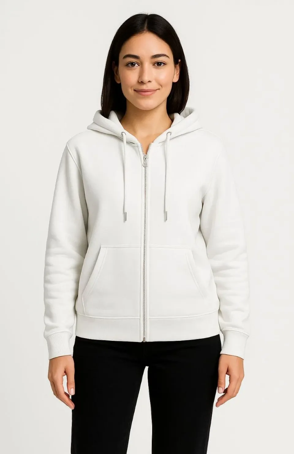 Kadın Üç İplik Kapüşonlu Tam Fermuarlı Kanguru Çepli SweatShirt Hoodie - Beyaz