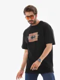 Unisex Bisiklet Yaka Baskılı Oversize T-Shirt - Siyah